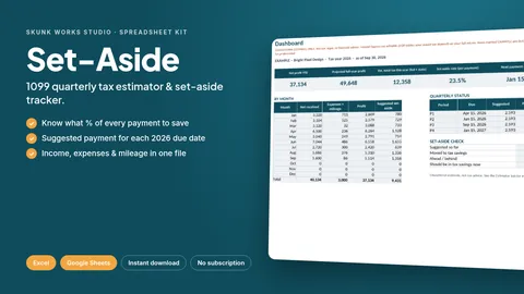 Set-Aside spreadsheet kit cover: 1099 quarterly tax estimator and set-aside tracker